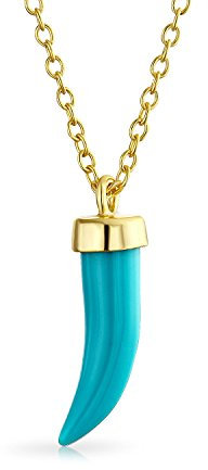 Bling Jewelry Westliches Medium Edelstein Blau Türkis Cornicello Italienisches Horn Glücks-Amulett Chili-Pfeffer Anhänger Halskette für Frauen Teenager Gelb 14K vergoldet .925 Sterlingsilber