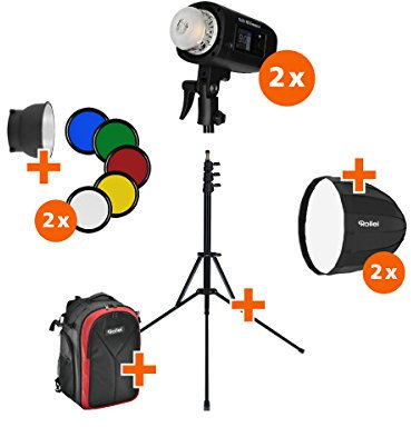 Rollei HS Freeze 4 Double Kit - Professionelles Studioblitz Set mit 2 Akkublitzen, 2 Softboxen, 2 Lampenstativen und einem Rucksack - ein perfekter Start in die Studio Fotografie, mit Bowens Anschluss