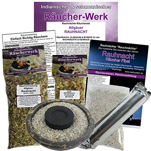 Rauhnächte räuchern 8-TLG Räucher-Starter-Set ALLGÄUER RAUHNACHT mit Räucherschale + HEIMISCHE KRÄUTER + WEIHRAUCH + MYRRHE. Räucherwerk, Rauhnachtfibel, Zubehör. 81474-SK