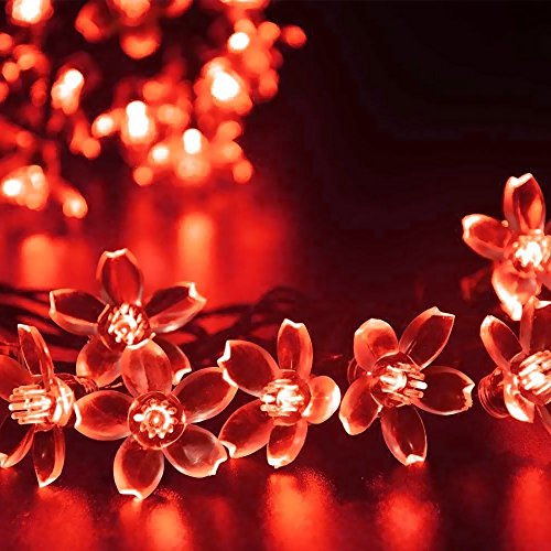 KINGCOO Solarlampen Blumen Schnur Lichter Außen, Wasserdicht 23ft/7m 50 LED Pfirsichblüte Kirschblüte Solar Lichterkette für GärtenHäuser Hochzeit Weihnachtsfeier Dekorationen (Rot)