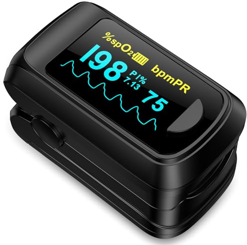 Healthtree JKS50B Pulse Oximeter Fingertip - Blood Oxygen monitor Fingertip with Perfusion Index, Fast 5-8s Reading, Large OLED Display, SpO2 & Heart Rate monitor for Home, Sports, Travel (Includes Batteries & Lanyard)