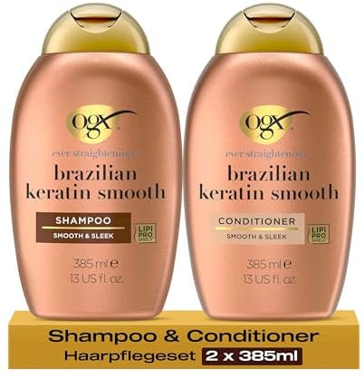 OGX Brazilian Keratin Smooth Set – Shampoo (385 ml) & Conditioner (385 ml) glättende Haarpflege mit Kokosöl, Avocadoöl & Keratin für geschmeidiges & glänzendes Haar mit LipiPro Shield Technologiel