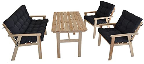 Massivholz Sitzgruppe Nordic 2+1+1 Set 2 Gartenstühle, Gartenbank und Gartentisch inkl. hochwertigen Polster