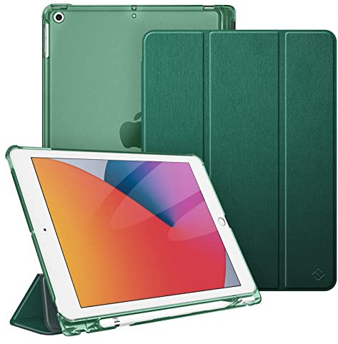 Fintie Funda Compatible con iPad 10,2 2021/2020/2019 (9.ª, 8.ª y 7.ª Generación) - Trasera Transparente Mate Carcasa Ligera con Soporte y Auto-Reposo/Activación, Satinado Verdinegro
