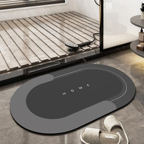 TOKLYUIE Super Absorbent Floor Mat, Quick-drying Bathroom Carpet, Simple Kitchen Door Mat, Machine Washable Large Living Room Carpet, Rubber Non-slip Bottom (40 x 60 cm, Oval Dark Gray)
