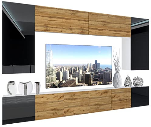 BELINI Wohnwand Vollausstattung Wohnzimmer-Set Moderne Schrankwand mit LED-Beleuchtung Anbauwand TV-Schrank Schwarz/Wotan Eiche