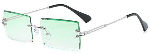 YUELUQU Retro Rahmenlose Sonnenbrille für Damen Herren Mode Retro Rechteck Brille Quadratische durchsichtige Sonnenbrille (A-Silber/grün)