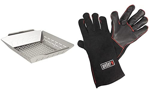 Weber 6434 Panier à Légumes Carré, Acier Inoxydable & Gants de Protection, Noir