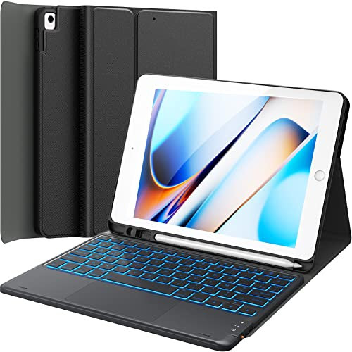 Earto Clavier pour ipad 9eme Generation, Clavier iPad 10.2 9/8/7eme Generation avec Touchpad, Eclairage 7 Couleurs, 2 Canaux BT, Rechargeable Clavier AZERTY Amovible pour iPad 10.2, Noir