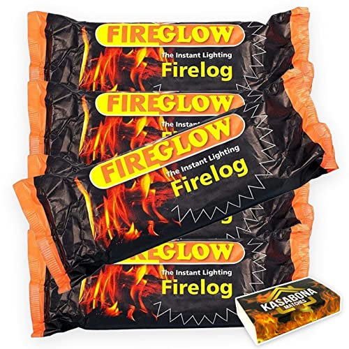 Fireglow Instant Lighting Firelog Open Fires Chimineas Enviromentally Frienly Fire Individually Wrapped with KasaBona Safety Matches (60 Logs)