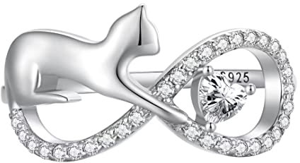 Qings Katze Infinity Ring für Damen 925 Sterling Silber Katzen Unendlichkeit Herz Ringe Süß Tier Rings mit Zirkon, Schöne Schmuck Geschenk für Frauen Mädchen