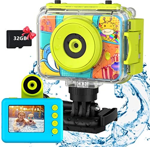 Kinderkamera, wasserdicht, 180 ° drehbar, Digitalkamera für Kinder, 12 m/1080P, Unterwasser-Videokamera für Kinder mit SD-Karte 32 GB für 3-12 Jahre, Mädchen & Jungen, Geschenk, Blau
