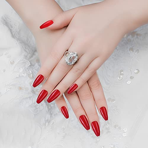 Cobee Einfarbige Press-on-Nägel, 24 Stück Sarg-Fake-Nägel, glänzend, konische Form, mittlere Länge Abdeckung Ballerina abnehmbar falsche Nägel für Frauen und Mädchen Nail Art DIY Set(Rot)