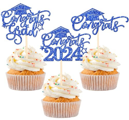 30 Stück Congrats Grad 2023 Cupcake Topper Glitzer Klasse 2023 Congrats Grad Cap Kuchen Dekoration Abschluss Cupcake Picks für Abschluss Thema Schule Party Supplies Dunkelblau