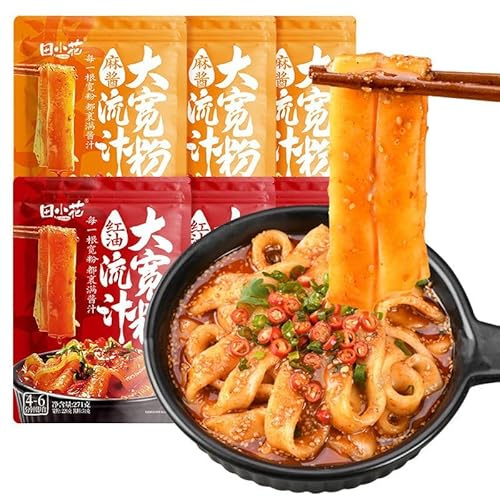 田小花 红油麻酱流汁宽粉 Sichuan Hotpot Wide Noodles, Chinese DaKuanFen, Hot and Spicy Noodle, Instant Powder, Hotpot Soup Japchae&Korean Dish, Sweet Potato Starch Glass Noodles (Mixed flavors,2bag)