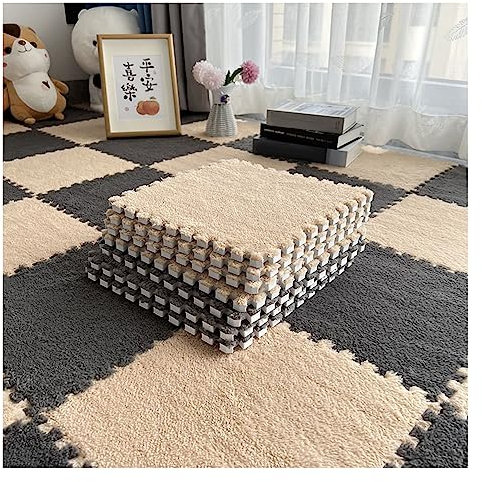 12-teilige Puzzle-Spielmatte, Flauschige Plüsch-Teppichfliesen, Quadratisches Schaumstoff-Teppich-Set, Schaumstoff-Bodenfliesen Für Spielzimmer, Schlafzimmer, 30 X 30 cm(Color:Grau+Hell Kaffee)