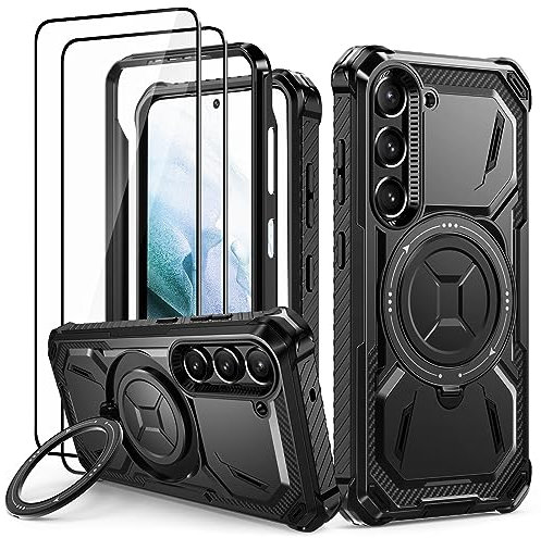 Lanhiem für Samsung Galaxy S21 Hülle mit 2 Stück Schutzfolie, 360 ° Ring Ständer Schutzhülle, Militärischer Stoßfest Handyhülle für Samsung S21 5G Case, Schwarz