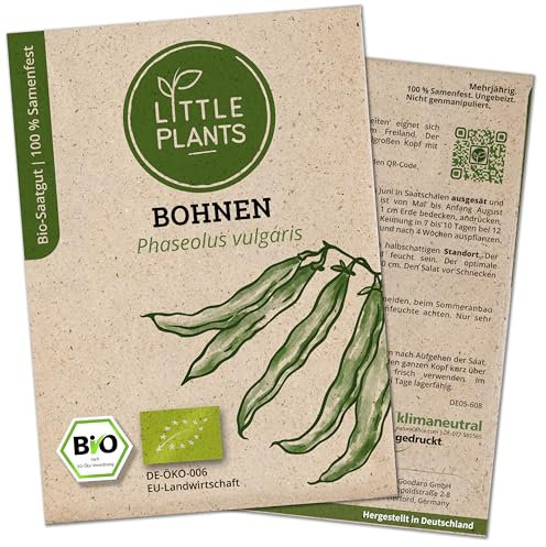 Little Plants BIO Stangenbohnen Samen, 15 Bohnensamen, hohe Keimrate, 100% Natürlich, Samen Stangenbohnen für Gemüsegarten, Gemüsebeet Hochbeet – BIO Gemüsesamen Saatgut Nachhaltig