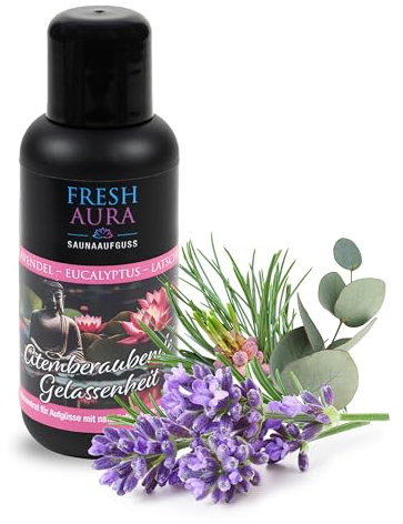 FRESH AURA Saunaaufguss – Sauna Aufgussmittel mit Lavendel, Eukalyptus, Latsche – Sehr ergiebiger und langanhaltender Saunaduft mit natürlichen ätherischen Ölen | Made in Germany (100ml)