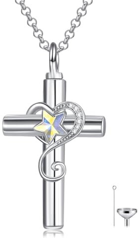 enjoylifecreative Damen Kreuz Urnen Halskette für Asche 925er Sterling Silber Cross Herz Asche Anhänger Kette mit Kristall Feuerbestattung Schmuck für Frauen Mädchen