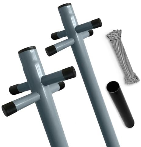 FB FunkyBuys Heavy Duty Galvanised Washing Line Post Pole Clothes Line With Socket 2 Part Standard Outdoor Garden Pole With 60m Nylon Rope Dark Grey (Pack of 2)