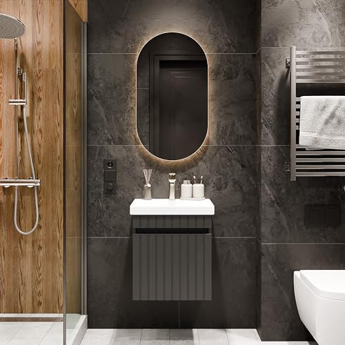 Planetmöbel Cosmia Badmöbel Set Waschbecken mit Unterschrank 50 x 60 x 35 cm Anthrazit, Spiegel mit Beleuchtung 50 cm, Armatur Badezimmer Gold Brush, Keramik Waschtisch mit Schublade