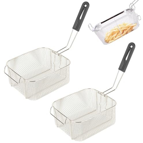 2 cestas para freidora, cesta coladora de alimentos fritos, cesta de malla metálica para freidora eléctrica con ganchos frontales, mango antideslizante para freidora de suelo