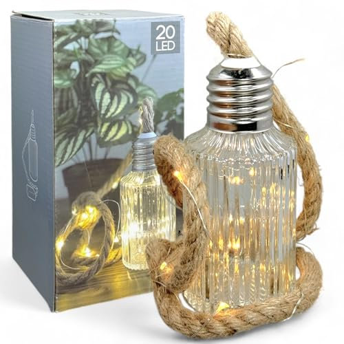 MIJOMA Dekoobjekt aus Glas mit 20 LED Lichterkette – Stilvolles geriffeltes Glas mit Metallgewinde und Juteseil – Warmweißes Licht – 15 x 6.5 cm