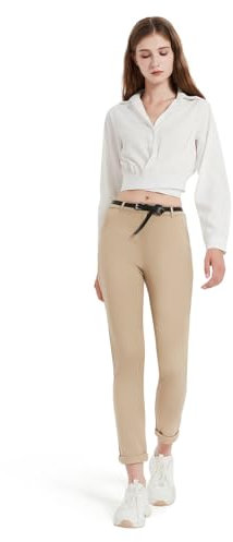 GLOWELFA - Pantalón de Mujer de Trabajo con Sastre de Carga Chino Recta de Cintura Alta Fina Extensible(07121,Caqui, S)