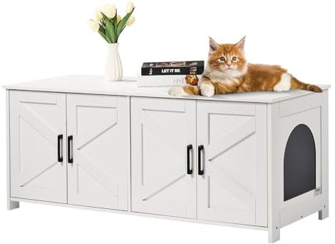 VEVOR Cat Litter Box Enclosure for 2 Cats, Litter Box Furniture Hidden with Double Rooms, Wooden Cat Box Cabinet Fit Most of Litter Box, 47.2L x 18.5W x 19.7H, White