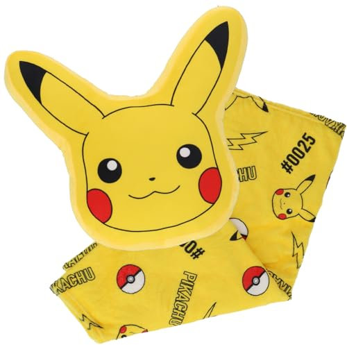 POKEMON - Plaid Pikachu avec Coussin 2 en 1 Pokémon - Plaid Doux et Moelleux Rangé dans un Coussin Pikachu, Fermeture Éclair au Dos
