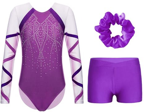 Miutii Mädchen Turnanzug Langarm Glitzer Gymnastikanzug mit kurze Hose und Haargummi Ballettanzug Gymnastik Leotard Tanzkostüm Lila 146-152