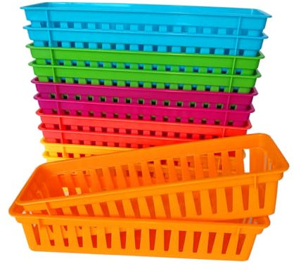 Kunststoff-Aufbewahrungskörbe für Klassenzimmer, bunte Buntstifte, Organisationskörbe, kleine Behälter, Stiftebehälter, Organizer für Schreibtisch, Stifthalter für Zuhause, Schublade, Bürobedarf (12
