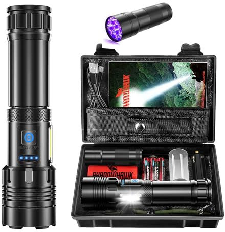 Shadowhawk Linternas LED Alta Potencia 500000 Lúmenes, Linterna Led Recargable XHM90.2 Linterna Potente COB Linterna de Trabajo, 7 Modos Linterna Tactica Militar, Flashlight para Emergencia Camping