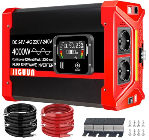 JIGUUN 4000W/12000W Inversor 24V 220V Onda Pura Convertidor Inverter con 2 Tomas EU y 3 Puertos USB y Tycp-C, Adecuado para Autocaravana, Camiones, Camping, Sistemas Fuera de la Red y más