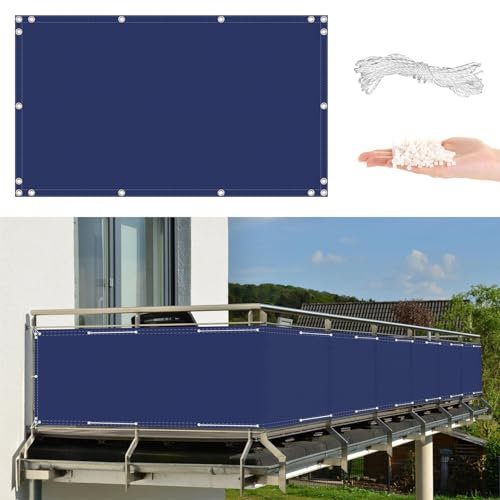 Brise-vue pour balcon, 3 m x 8 m, brise-vent, pour terrasse, piscine, porche, clôture, tissu d'ombrage bleu avec corde et œillets en aluminium