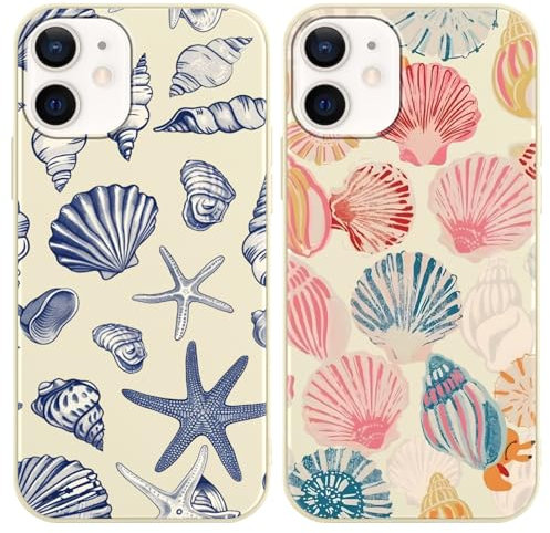 Phoona 2 Pack Cute Case for iPhone 12 / iPhone 12 Pro 6.1, Beach Blue Ocean Seashell Aesthetic Summer Girly Design Pattern for Girls Women, Slim Soft Silicone Shockproof Bumper Protector Cover