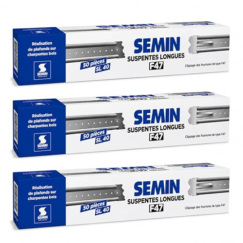 SEMIN Suspentes Longues F47 400 mm – 3 X Boîte de 50 – Acier Galvanisé – Fixation Faux Plafond Plaques de Plâtre – Ossature Métallique F45/F47 – Pose Rapide