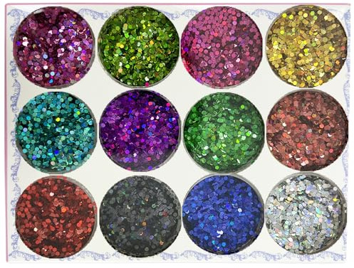 HISUNBEN Poudre cosmétique holographique pour festival - 12 couleurs pour le visage, le corps, les yeux, les cheveux, les ongles et l'art DIY, cosmétique amicale (paillettes laser)