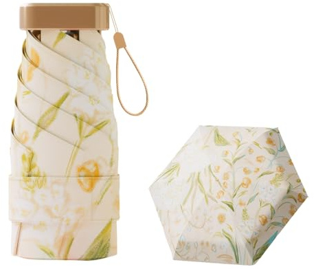 Meichoon UPF50+ Protezione UV Ombrello da viaggio compatto e leggero Mini portatile antivento Forte impermeabile Pieghevole Ombrellone da sole Alla moda Design floreale per le donne