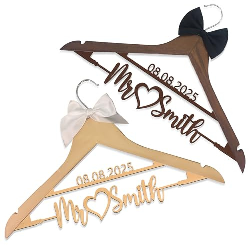 Personalisierte Hochzeitsbügel - Braut Bräutigam Holzkleid/Smoking Set mit gravierten Namen & Datum Elegante Schliefenkrawatte Braut Party Geschenk Erinnerung