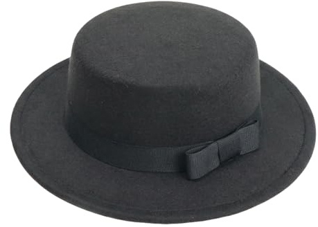 OHEETU Klassischer schwarzer Fedora-Hut, Unisex, breite Krempe, flache Oberseite, Panama-Hüte mit Schleife, Vintage-Stil, Jazz-Derby-Kappe für Hochzeit, Party, Aufführung