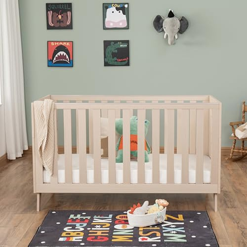 Babymore Dante 3-in-1 Baby Mini Cot Bed – Converts to Toddler Bed & Sofa | 120 x 60 cm | 3 Mattress Positions | Protective Teething Rails | From Birth to 4+ Years (Natural) with Mattress