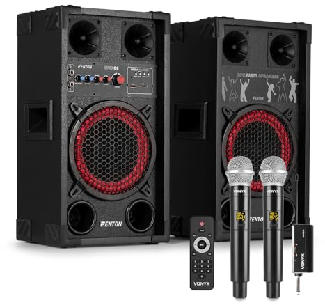 Fenton SPK-108 8-Inch Active Bluetooth Karaoke Speaker System with Dual Wireless UHF Microphones, 400W Portable Home Karaoke Machine for Adults, USB MP3 Playback & Echo Controls