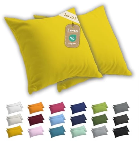 Lavea® 2er Set Kissenbezug 40x40 - Sonnengelb | 100% Baumwolle Jersey – Weiche Kissenhülle & Kopfkissenbezüge, OEKO-TEX® Standard