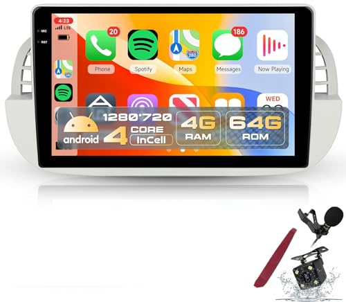PLKEQS Autoradio 4G 64G per F-iat 500 2007-2015 CarPlay Wireless Android Auto, Radio Auto Android 15 Schermo Touch in-Cell da 9''/GPS/Bluetooth 5.0/FM RDS/EQ/Wi-Fi/Telecamera Posteriore,K4 PRO Plus