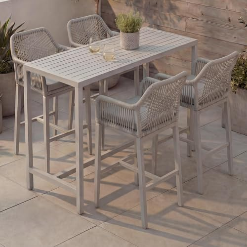 Mendler Set Bartisch + 4X Barhocker HWC-P91 Metall - hellgrau | Barstuhl, Stehtisch, Outdoor, Sitzpolster, Seilgeflecht