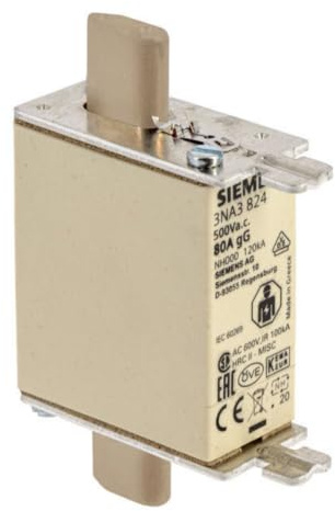 Siemens 3NA3824 Lv Hrc Fuse Link, NH000, In: 80 A, Gg, Un AC: 500 V, Un DC: 250 V, Front Indicator, Non- Insulated Grip Lugs, White