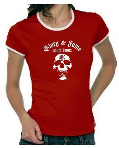 Coole-Fun-T-Shirts Glory and Fame South Bronx NYC Girly Ringer rot/Weiss, Gr.XL
