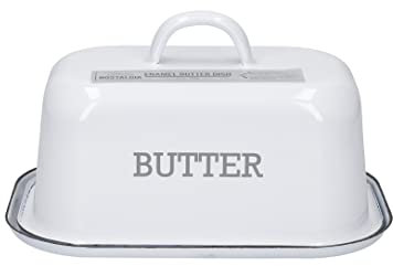 KitchenCraft Living Nostalgia Vintage-Style Enamel Butter Dish with Lid, White / Grey